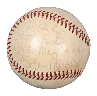 1962 Stan Musial Game Used, Signed & Inscribed Baseball for Career Hit#3431 on 05/19/1962 (MEARS, PSA/DNA & Hal Smith Family LOA) 